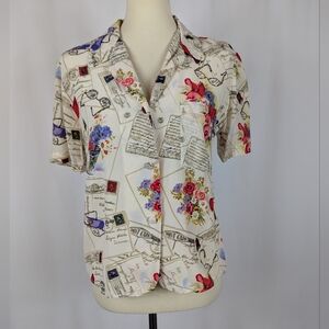 Allison Taylor Silk Short Sleeve Button Up Blouse Travel Postcard Floral Size M